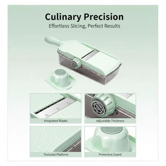 Alt view image 3 of 5 - 304 Stainless Steel Cutter, Vegetable Slicer with Drain Basket, Adjustable Thickness Mandoline Slicer, Mint Green Food Chopper, Includes Hand Guard