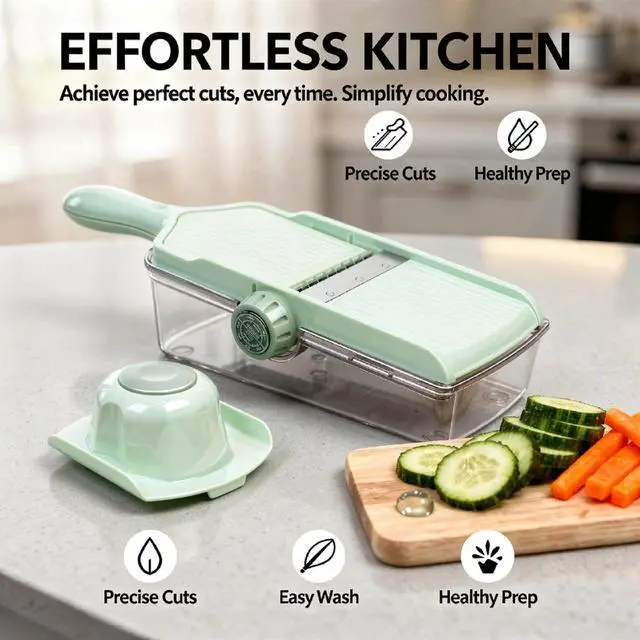 Alt view image 2 of 5 - 304 Stainless Steel Cutter, Vegetable Slicer with Drain Basket, Adjustable Thickness Mandoline Slicer, Mint Green Food Chopper, Includes Hand Guard