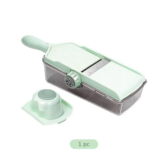 Alt view image 4 of 5 - 304 Stainless Steel Cutter, Vegetable Slicer with Drain Basket, Adjustable Thickness Mandoline Slicer, Mint Green Food Chopper, Includes Hand Guard