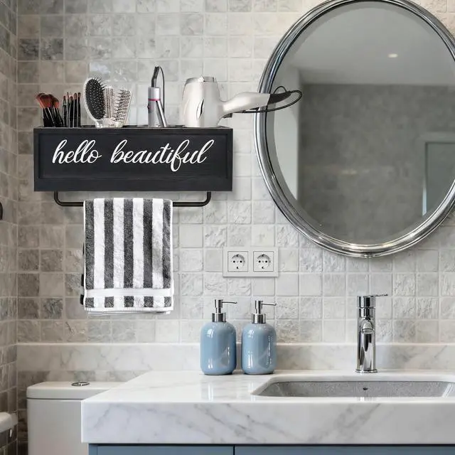 Alt view image 2 of 7 - Hair Dryer Holder Wall Mounted, Hair Tools and Styling Organizer with Towel Bar, Farmhouse Beauty Hair Appliance Holder for Flat Iron, Curling Wand, Towel Rack (Black)