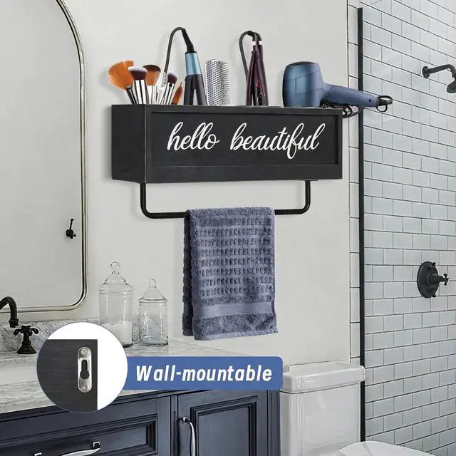 Alt view image 4 of 7 - Hair Dryer Holder Wall Mounted, Hair Tools and Styling Organizer with Towel Bar, Farmhouse Beauty Hair Appliance Holder for Flat Iron, Curling Wand, Towel Rack (Black)