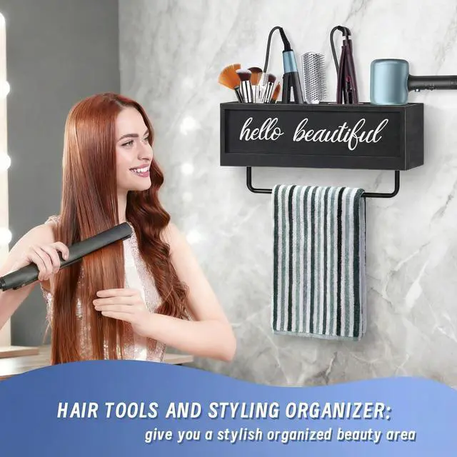 Alt view image 3 of 7 - Hair Dryer Holder Wall Mounted, Hair Tools and Styling Organizer with Towel Bar, Farmhouse Beauty Hair Appliance Holder for Flat Iron, Curling Wand, Towel Rack (Black)