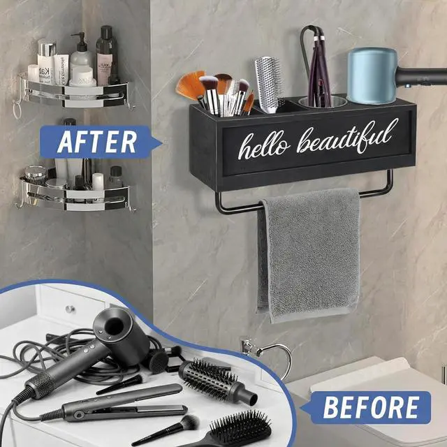 Alt view image 5 of 7 - Hair Dryer Holder Wall Mounted, Hair Tools and Styling Organizer with Towel Bar, Farmhouse Beauty Hair Appliance Holder for Flat Iron, Curling Wand, Towel Rack (Black)