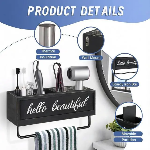 Alt view image 7 of 7 - Hair Dryer Holder Wall Mounted, Hair Tools and Styling Organizer with Towel Bar, Farmhouse Beauty Hair Appliance Holder for Flat Iron, Curling Wand, Towel Rack (Black)