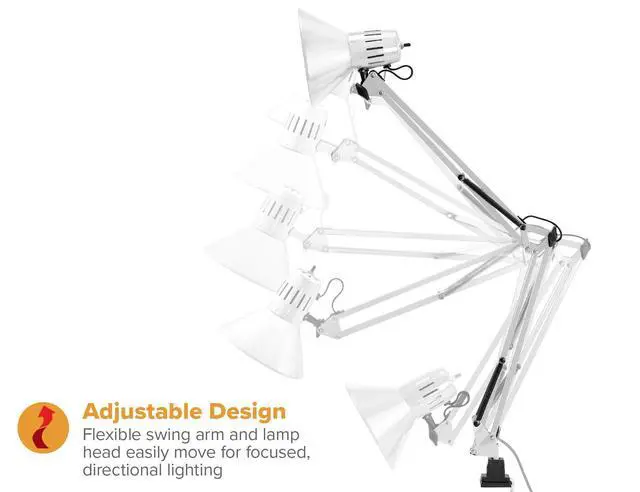 Alt view image 3 of 7 - Office VLF100-WHT Swing Arm Desk Lamp with Clamp Mount, 36" Reach with Multi-Joint Adjustment, Includes Replaceable LED Bulb (VLF), White