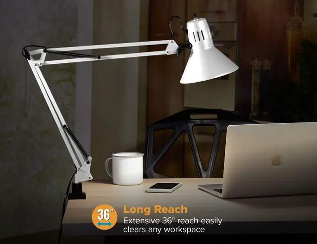 Alt view image 5 of 7 - Office VLF100-WHT Swing Arm Desk Lamp with Clamp Mount, 36" Reach with Multi-Joint Adjustment, Includes Replaceable LED Bulb (VLF), White