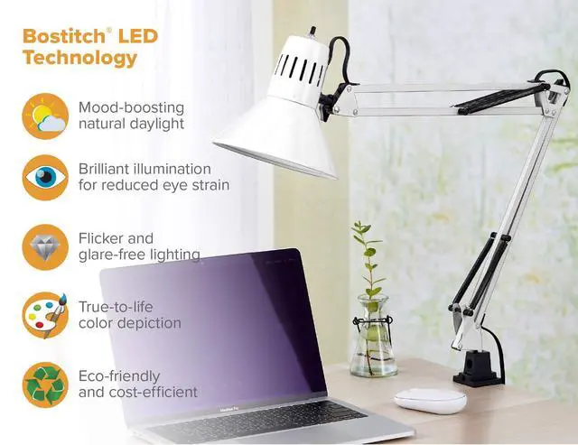 Alt view image 6 of 7 - Office VLF100-WHT Swing Arm Desk Lamp with Clamp Mount, 36" Reach with Multi-Joint Adjustment, Includes Replaceable LED Bulb (VLF), White