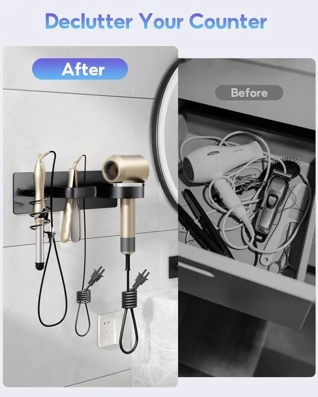 Alt view image 2 of 7 - 3-in-1 Hair Dryer Holder Wall Mount, Hair Tool Organizer