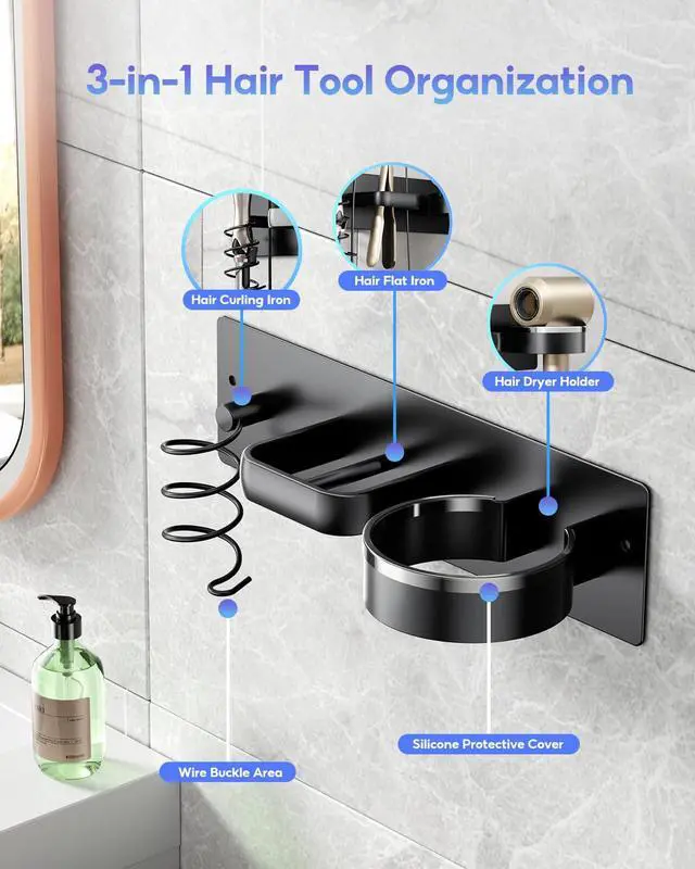 Alt view image 6 of 7 - 3-in-1 Hair Dryer Holder Wall Mount, Hair Tool Organizer