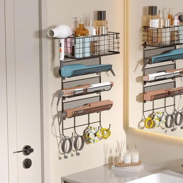 Main image of Wall-Mounted Hair Dryer Holder Styling Tool Organizer 4-Shelf Storage Wire Basket with Hook Heat Safe Rack for Hair-Straighteners,Curling Wands,Flat Iron,Perfume,Cabinet Door Bathroom Kitchen