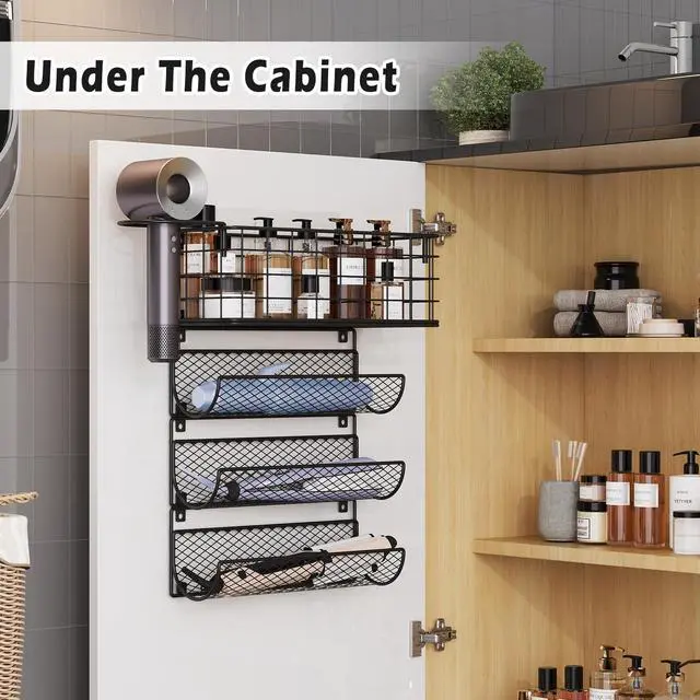 Alt view image 2 of 7 - Wall-Mounted Hair Dryer Holder Styling Tool Organizer 4-Shelf Storage Wire Basket with Hook Heat Safe Rack for Hair-Straighteners,Curling Wands,Flat Iron,Perfume,Cabinet Door Bathroom Kitchen