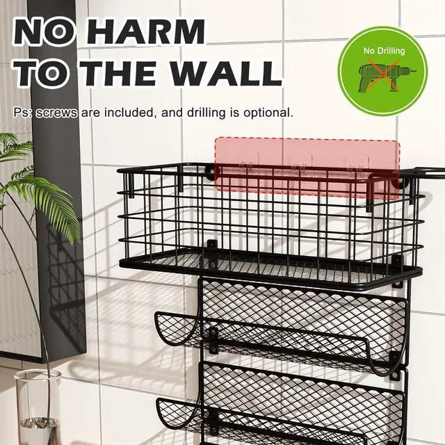 Alt view image 3 of 7 - Wall-Mounted Hair Dryer Holder Styling Tool Organizer 4-Shelf Storage Wire Basket with Hook Heat Safe Rack for Hair-Straighteners,Curling Wands,Flat Iron,Perfume,Cabinet Door Bathroom Kitchen