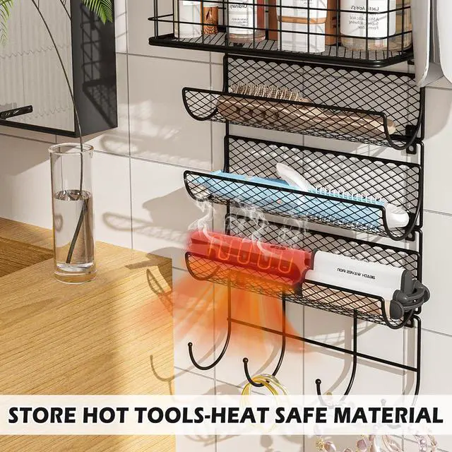 Alt view image 4 of 7 - Wall-Mounted Hair Dryer Holder Styling Tool Organizer 4-Shelf Storage Wire Basket with Hook Heat Safe Rack for Hair-Straighteners,Curling Wands,Flat Iron,Perfume,Cabinet Door Bathroom Kitchen
