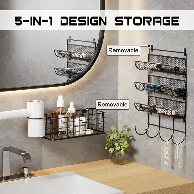 Alt view image 5 of 7 - Wall-Mounted Hair Dryer Holder Styling Tool Organizer 4-Shelf Storage Wire Basket with Hook Heat Safe Rack for Hair-Straighteners,Curling Wands,Flat Iron,Perfume,Cabinet Door Bathroom Kitchen
