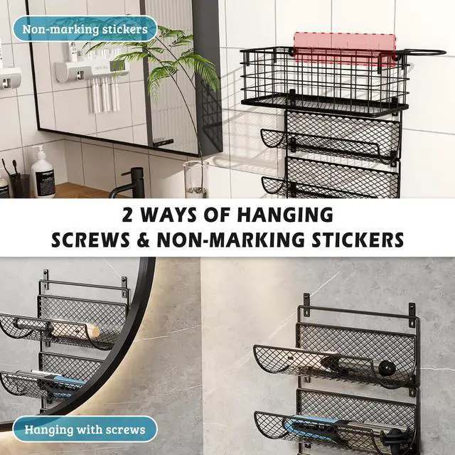 Alt view image 6 of 7 - Wall-Mounted Hair Dryer Holder Styling Tool Organizer 4-Shelf Storage Wire Basket with Hook Heat Safe Rack for Hair-Straighteners,Curling Wands,Flat Iron,Perfume,Cabinet Door Bathroom Kitchen