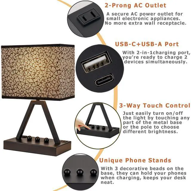 Alt view image 3 of 7 - Touch Control Table Lamp, 3-Way Dimmable Desk Lamp with USB C & A and AC Outlet, Bedside Lamp with Phone Stands for Bedroom, Living Room, Office, LED Bulb Included, Black Shade