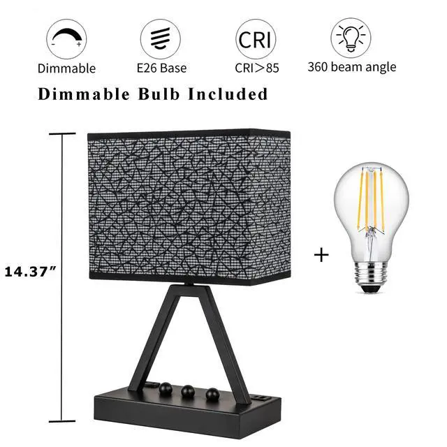 Alt view image 7 of 7 - Touch Control Table Lamp, 3-Way Dimmable Desk Lamp with USB C & A and AC Outlet, Bedside Lamp with Phone Stands for Bedroom, Living Room, Office, LED Bulb Included, Black Shade