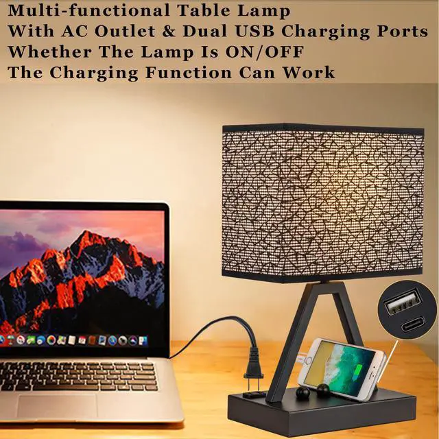 Alt view image 5 of 7 - Touch Control Table Lamp, 3-Way Dimmable Desk Lamp with USB C & A and AC Outlet, Bedside Lamp with Phone Stands for Bedroom, Living Room, Office, LED Bulb Included, Black Shade