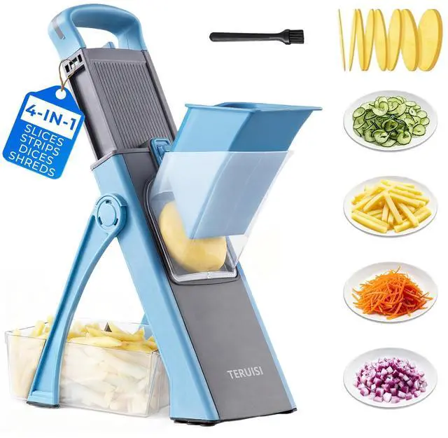 Main image of Safe Mandoline Slicer Multi Vegetable Chopper, Foldable 4 in1 Fruit Slicer Dice Strip Shred Veggie Cutter with 0-8mm Thickness Adjustable Built in Blades, Detachable Salad Chopper,110V