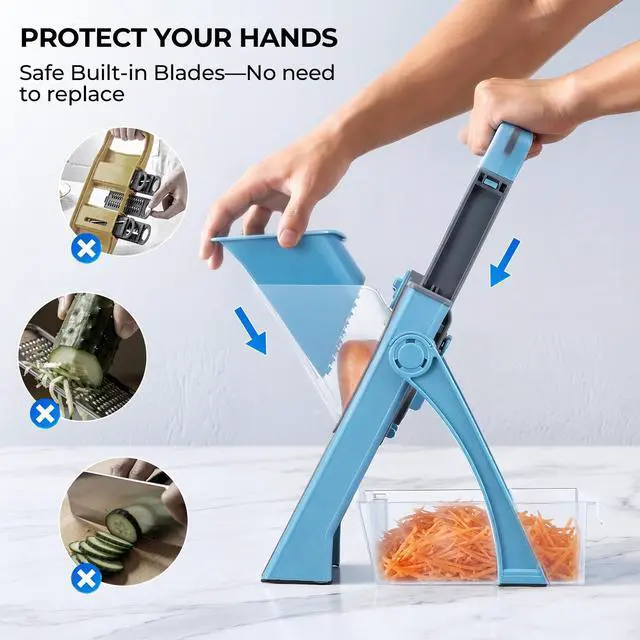 Alt view image 2 of 7 - Safe Mandoline Slicer Multi Vegetable Chopper, Foldable 4 in1 Fruit Slicer Dice Strip Shred Veggie Cutter with 0-8mm Thickness Adjustable Built in Blades, Detachable Salad Chopper,110V