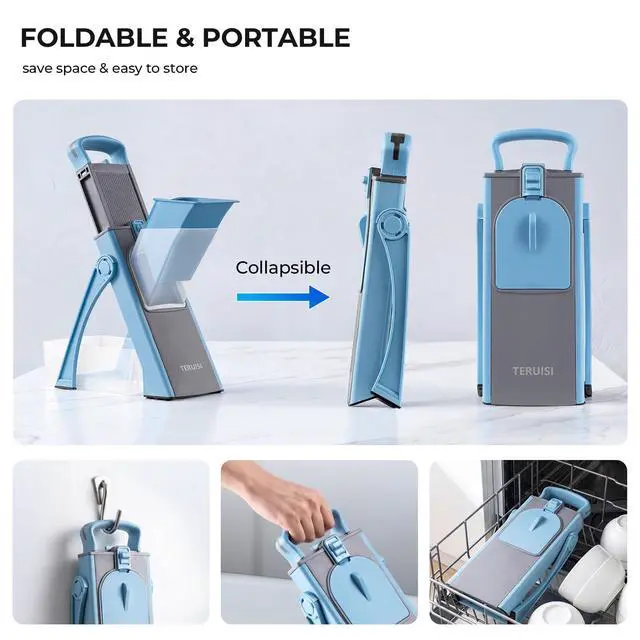 Alt view image 5 of 7 - Safe Mandoline Slicer Multi Vegetable Chopper, Foldable 4 in1 Fruit Slicer Dice Strip Shred Veggie Cutter with 0-8mm Thickness Adjustable Built in Blades, Detachable Salad Chopper,110V