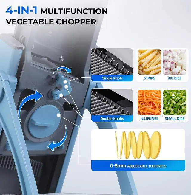 Alt view image 3 of 7 - Safe Mandoline Slicer Multi Vegetable Chopper, Foldable 4 in1 Fruit Slicer Dice Strip Shred Veggie Cutter with 0-8mm Thickness Adjustable Built in Blades, Detachable Salad Chopper,110V
