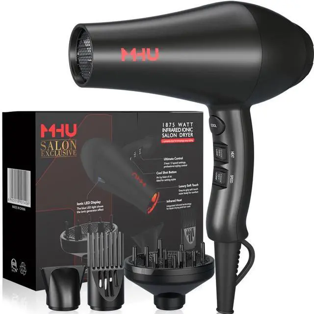 Main image of 1875W Far Infrared Hair Dryer | Powerful AC Motor Blow Dryer Fast Drying | 2 Speed 3 Heat with Cool Shot | ETL Certified with ALCI Safety Plug | Concentrator & Diffuser & Comb | 2.65M Long Cord, Black