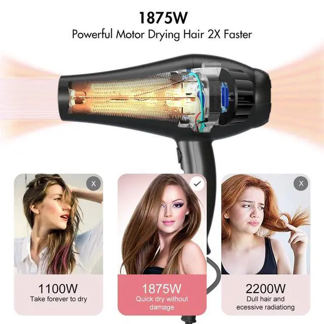 Alt view image 2 of 7 - 1875W Far Infrared Hair Dryer | Powerful AC Motor Blow Dryer Fast Drying | 2 Speed 3 Heat with Cool Shot | ETL Certified with ALCI Safety Plug | Concentrator & Diffuser & Comb | 2.65M Long Cord, Black