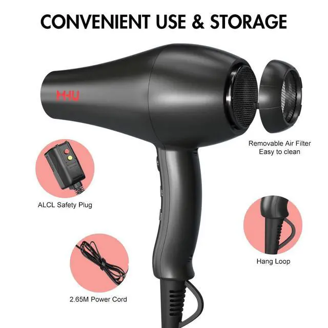 Alt view image 3 of 7 - 1875W Far Infrared Hair Dryer | Powerful AC Motor Blow Dryer Fast Drying | 2 Speed 3 Heat with Cool Shot | ETL Certified with ALCI Safety Plug | Concentrator & Diffuser & Comb | 2.65M Long Cord, Black