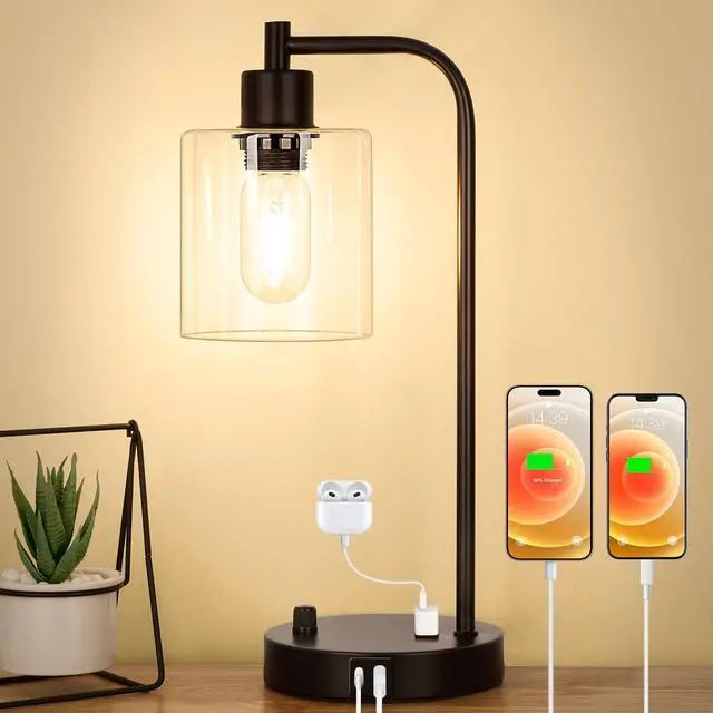 Main image of Industrial Table Lamp with USB A+C Ports and Outlet, Fully Stepless Dimmable Modern Nightstand Lamp, Glass Shade Bedside Desk Lamp for Bedroom Living Room Office, 8W 2700K LED Edison Bulb Included.