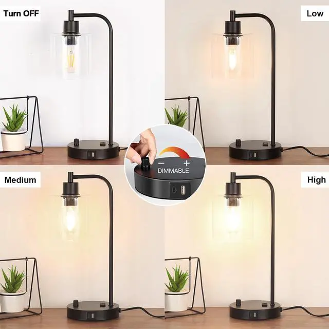 Alt view image 4 of 7 - Industrial Table Lamp with USB A+C Ports and Outlet, Fully Stepless Dimmable Modern Nightstand Lamp, Glass Shade Bedside Desk Lamp for Bedroom Living Room Office, 8W 2700K LED Edison Bulb Included.