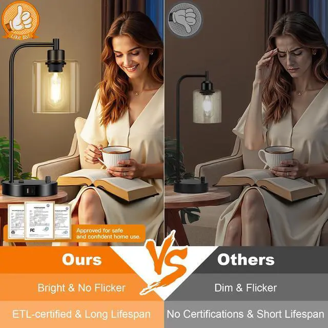 Alt view image 5 of 7 - Industrial Table Lamp with USB A+C Ports and Outlet, Fully Stepless Dimmable Modern Nightstand Lamp, Glass Shade Bedside Desk Lamp for Bedroom Living Room Office, 8W 2700K LED Edison Bulb Included.