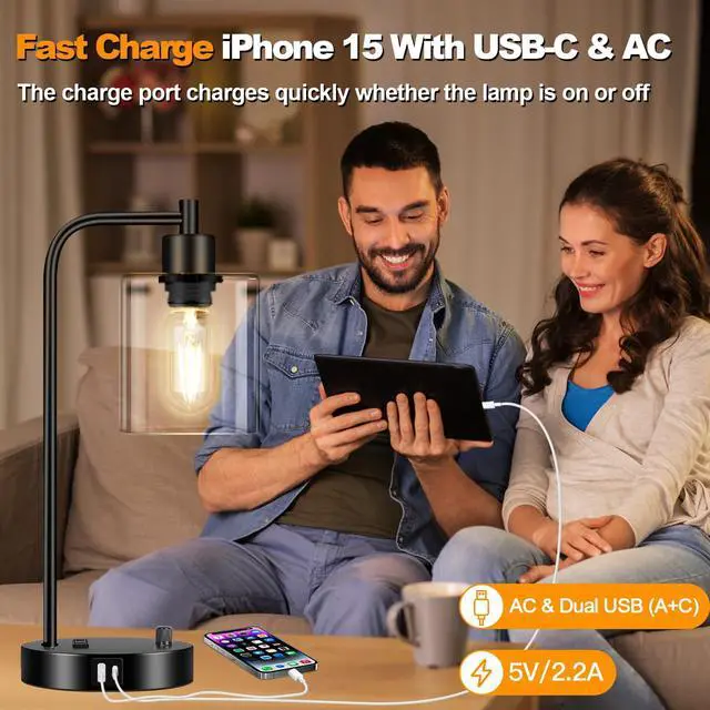 Alt view image 6 of 7 - Industrial Table Lamp with USB A+C Ports and Outlet, Fully Stepless Dimmable Modern Nightstand Lamp, Glass Shade Bedside Desk Lamp for Bedroom Living Room Office, 8W 2700K LED Edison Bulb Included.