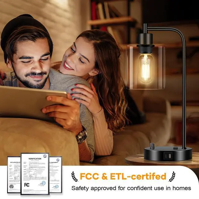 Alt view image 7 of 7 - Industrial Table Lamp with USB A+C Ports and Outlet, Fully Stepless Dimmable Modern Nightstand Lamp, Glass Shade Bedside Desk Lamp for Bedroom Living Room Office, 8W 2700K LED Edison Bulb Included.