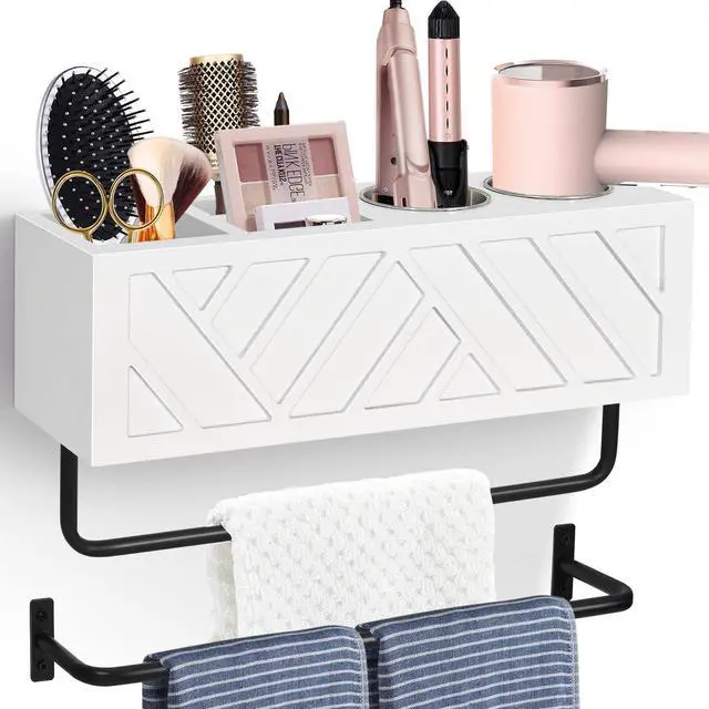 Main image of Hair Tool Organizer Wall Mount, Hair Dryer Holder with 2 Towel Bars, Wood Hot Tools Organizer, Rustic Bathroom Organizer Blow Dryer Holder for Bathroom Decor, Flat Iron, Curling Wand, Brushes(White)