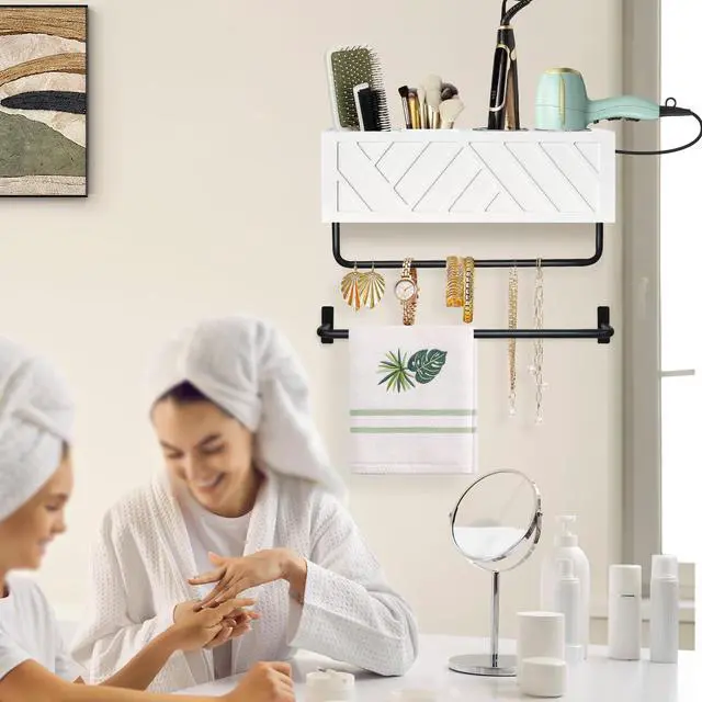Alt view image 2 of 7 - Hair Tool Organizer Wall Mount, Hair Dryer Holder with 2 Towel Bars, Wood Hot Tools Organizer, Rustic Bathroom Organizer Blow Dryer Holder for Bathroom Decor, Flat Iron, Curling Wand, Brushes(White)