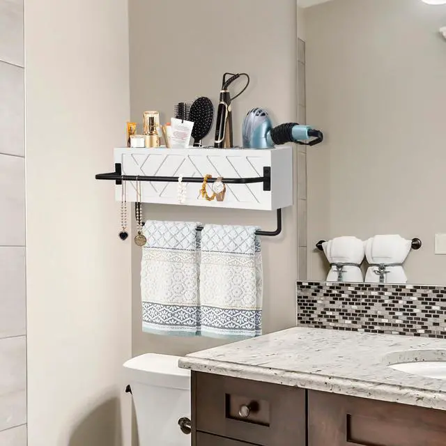 Alt view image 3 of 7 - Hair Tool Organizer Wall Mount, Hair Dryer Holder with 2 Towel Bars, Wood Hot Tools Organizer, Rustic Bathroom Organizer Blow Dryer Holder for Bathroom Decor, Flat Iron, Curling Wand, Brushes(White)