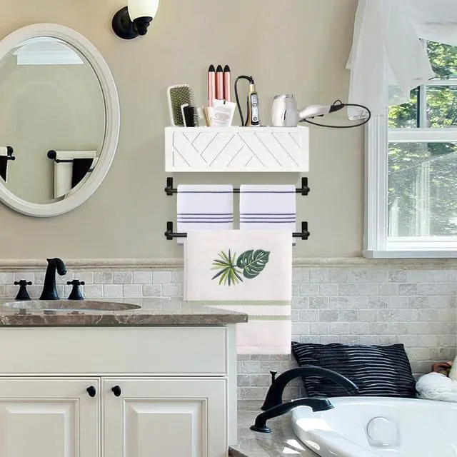 Alt view image 4 of 7 - Hair Tool Organizer Wall Mount, Hair Dryer Holder with 2 Towel Bars, Wood Hot Tools Organizer, Rustic Bathroom Organizer Blow Dryer Holder for Bathroom Decor, Flat Iron, Curling Wand, Brushes(White)