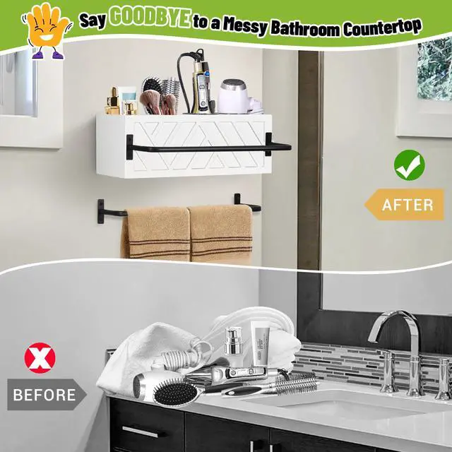 Alt view image 5 of 7 - Hair Tool Organizer Wall Mount, Hair Dryer Holder with 2 Towel Bars, Wood Hot Tools Organizer, Rustic Bathroom Organizer Blow Dryer Holder for Bathroom Decor, Flat Iron, Curling Wand, Brushes(White)