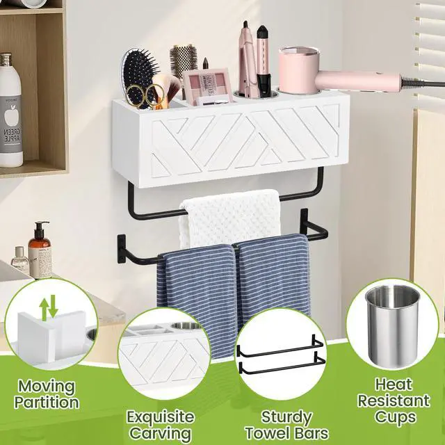Alt view image 6 of 7 - Hair Tool Organizer Wall Mount, Hair Dryer Holder with 2 Towel Bars, Wood Hot Tools Organizer, Rustic Bathroom Organizer Blow Dryer Holder for Bathroom Decor, Flat Iron, Curling Wand, Brushes(White)