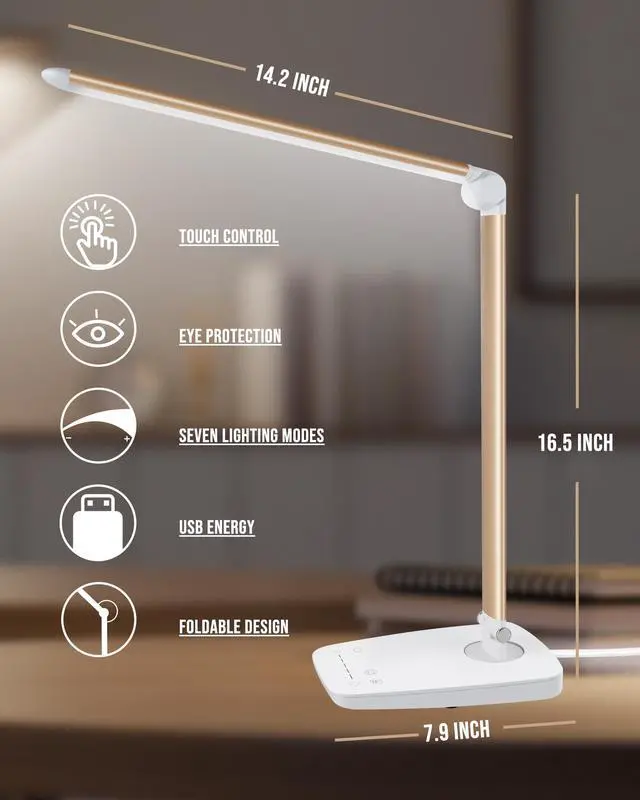 Alt view image 2 of 7 - Dimmable LED Desk Lamp with USB Charging Port, Touch Control Foldable Gooseneck Free Rotation Adjustable Eye Care Table Lamp, Bedside Reading Light with UL AC Adapter (Pink Gold)