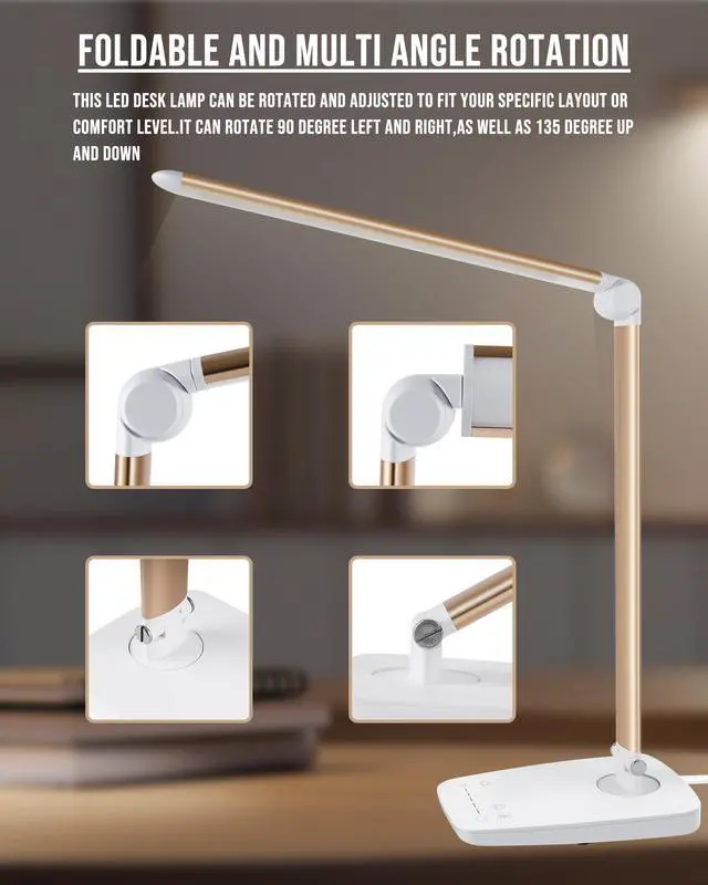 Alt view image 3 of 7 - Dimmable LED Desk Lamp with USB Charging Port, Touch Control Foldable Gooseneck Free Rotation Adjustable Eye Care Table Lamp, Bedside Reading Light with UL AC Adapter (Pink Gold)