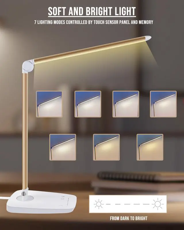 Alt view image 4 of 7 - Dimmable LED Desk Lamp with USB Charging Port, Touch Control Foldable Gooseneck Free Rotation Adjustable Eye Care Table Lamp, Bedside Reading Light with UL AC Adapter (Pink Gold)