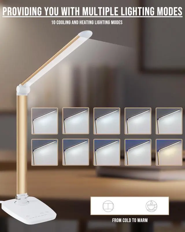 Alt view image 5 of 7 - Dimmable LED Desk Lamp with USB Charging Port, Touch Control Foldable Gooseneck Free Rotation Adjustable Eye Care Table Lamp, Bedside Reading Light with UL AC Adapter (Pink Gold)