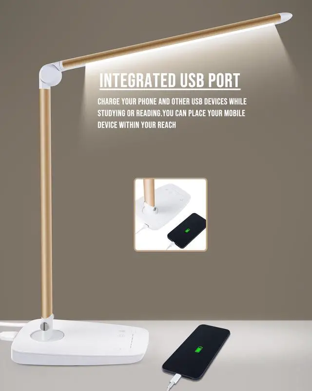 Alt view image 6 of 7 - Dimmable LED Desk Lamp with USB Charging Port, Touch Control Foldable Gooseneck Free Rotation Adjustable Eye Care Table Lamp, Bedside Reading Light with UL AC Adapter (Pink Gold)
