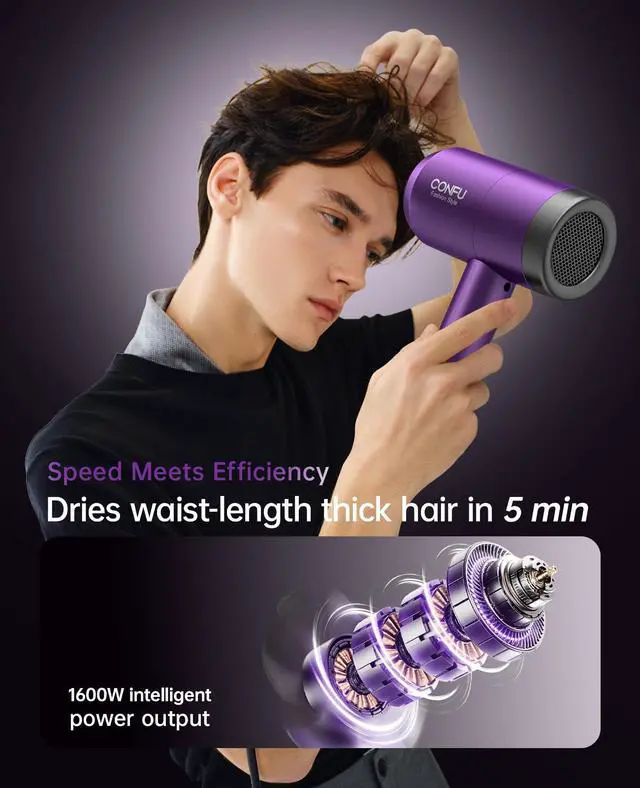 Alt view image 2 of 7 - Hair Dryer with Diffuser, Ionic Blow Dryer 1600W, Portable Lightweight Fast Drying Negative Ion Hairdryer, 3 Heat Settings with Diffuser and Concentrator Nozzle for Home & Travel