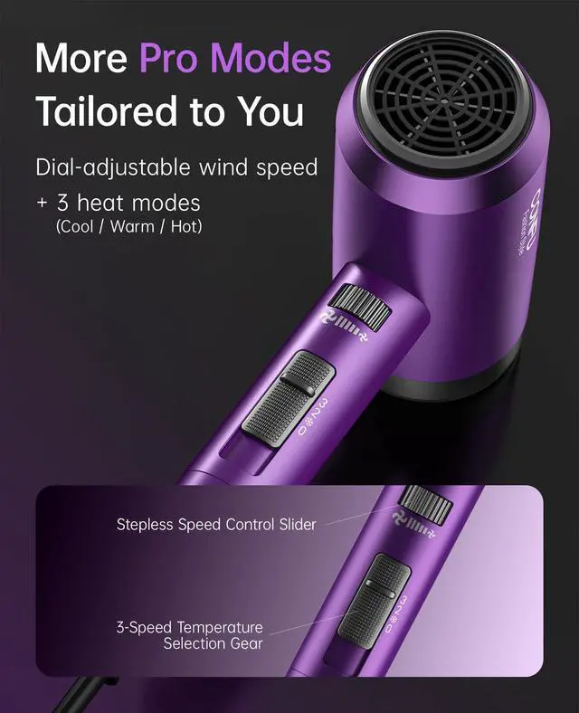 Alt view image 5 of 7 - Hair Dryer with Diffuser, Ionic Blow Dryer 1600W, Portable Lightweight Fast Drying Negative Ion Hairdryer, 3 Heat Settings with Diffuser and Concentrator Nozzle for Home & Travel