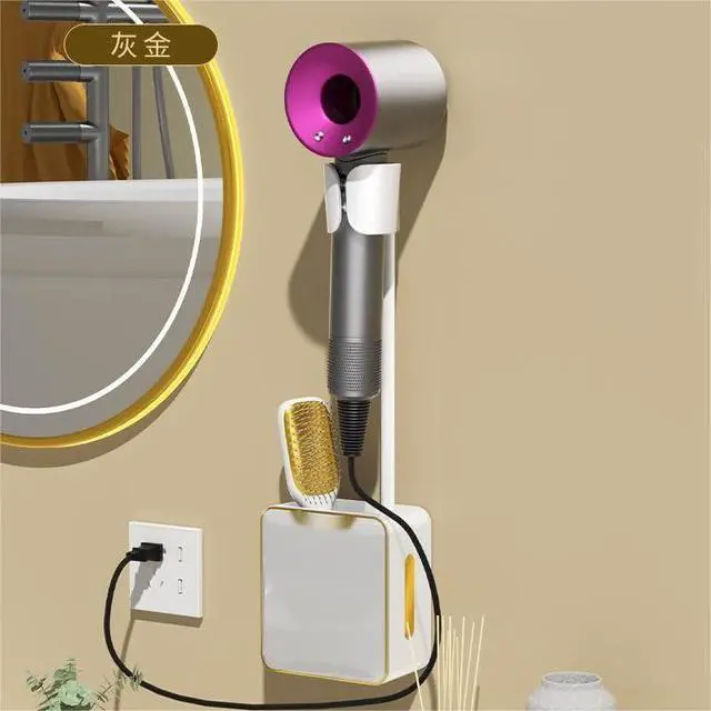 Alt view image 2 of 4 - Wall-mounted hair dryer holder with no-drilling installation, hands-free design for kitchen and bathroom cabinetsgray gold