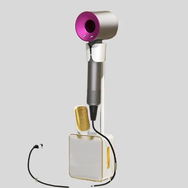 Alt view image 4 of 4 - Wall-mounted hair dryer holder with no-drilling installation, hands-free design for kitchen and bathroom cabinetsgray gold