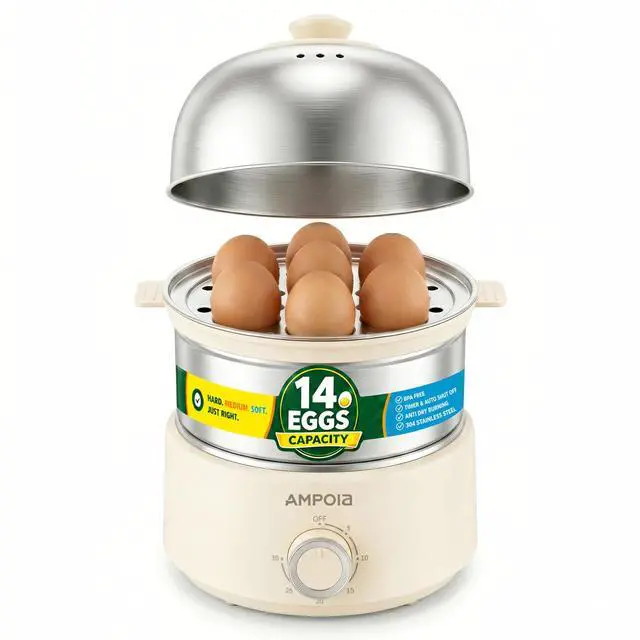 Main image of 14 Eggs Electric Egg Cooker, 350W Rapid Egg Boiler with 30-Min Timer & Auto Shut-Off, Stainless Steel, Dishwasher Safe for Soft, Medium, Hard Boiled, Steamed Eggs, Vegetables & Seafood, Beige
